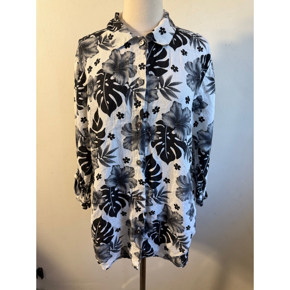 Hot Cotton by Marc Ware 100% Linen Tropical Floral Button Up Shirt Black White M